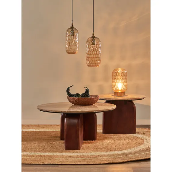 Журнальный столик Torhill, Ø80 см, бежевый травертин, орех