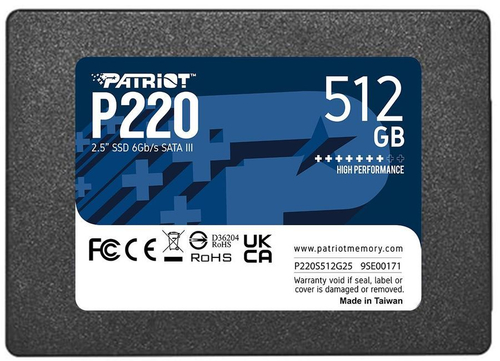 SSD Patriot P220 512Гб, 2.5", SATA3, Retail, Чтение:550мб/с, Запись:500мб/с, радиатор (P220S512G25)
