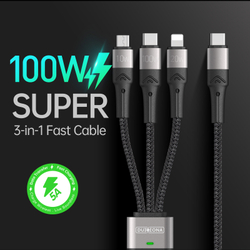 Кабель передачи данных с USB-C 3 в 1 в тканевой оплетке от Duzzona с разъемами USB-C, Lightning, Micro USB, серия A4 Cable, длина 1,3м