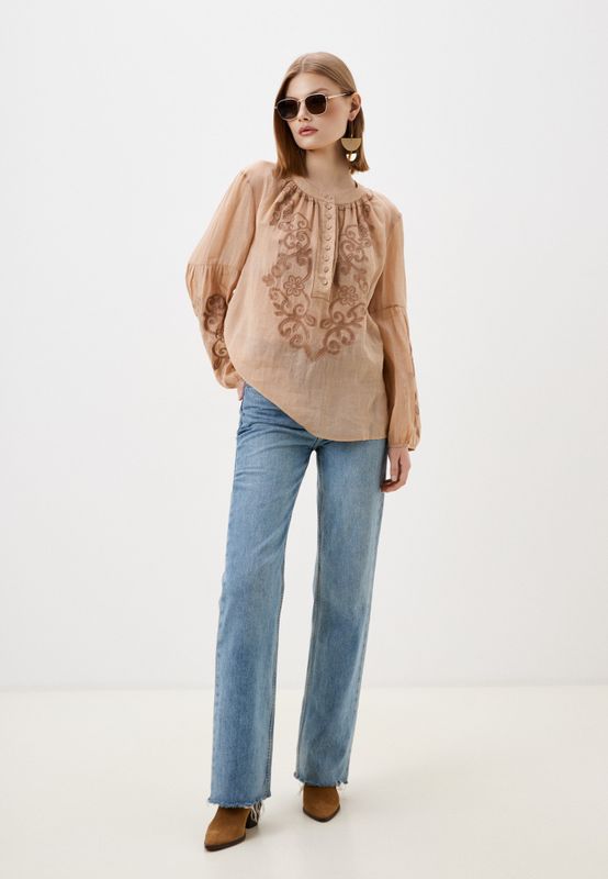 Блуза льняная с круглым вырезом и вышивкой