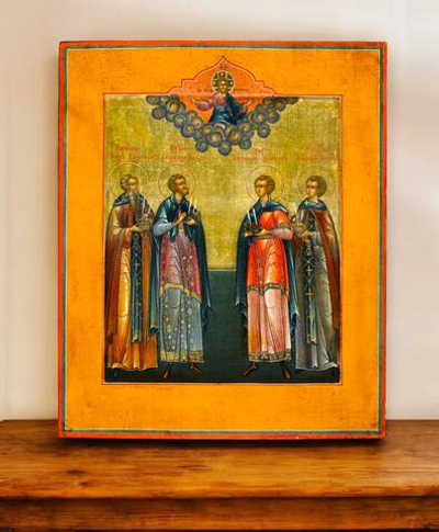 Косма и Дамиан, Кир и Иоанн святые врачи бессеребренники. Деревянная икона на левкасе