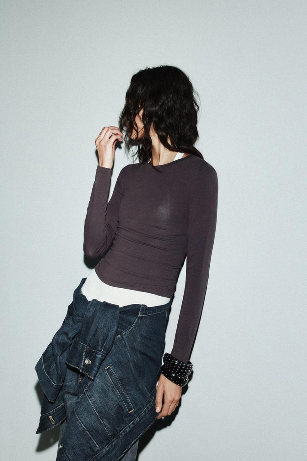 ZARA ФУТБОЛКА С ДЛИННЫМИ РУКАВАМИ, КОРИЧНЕВЫЙ