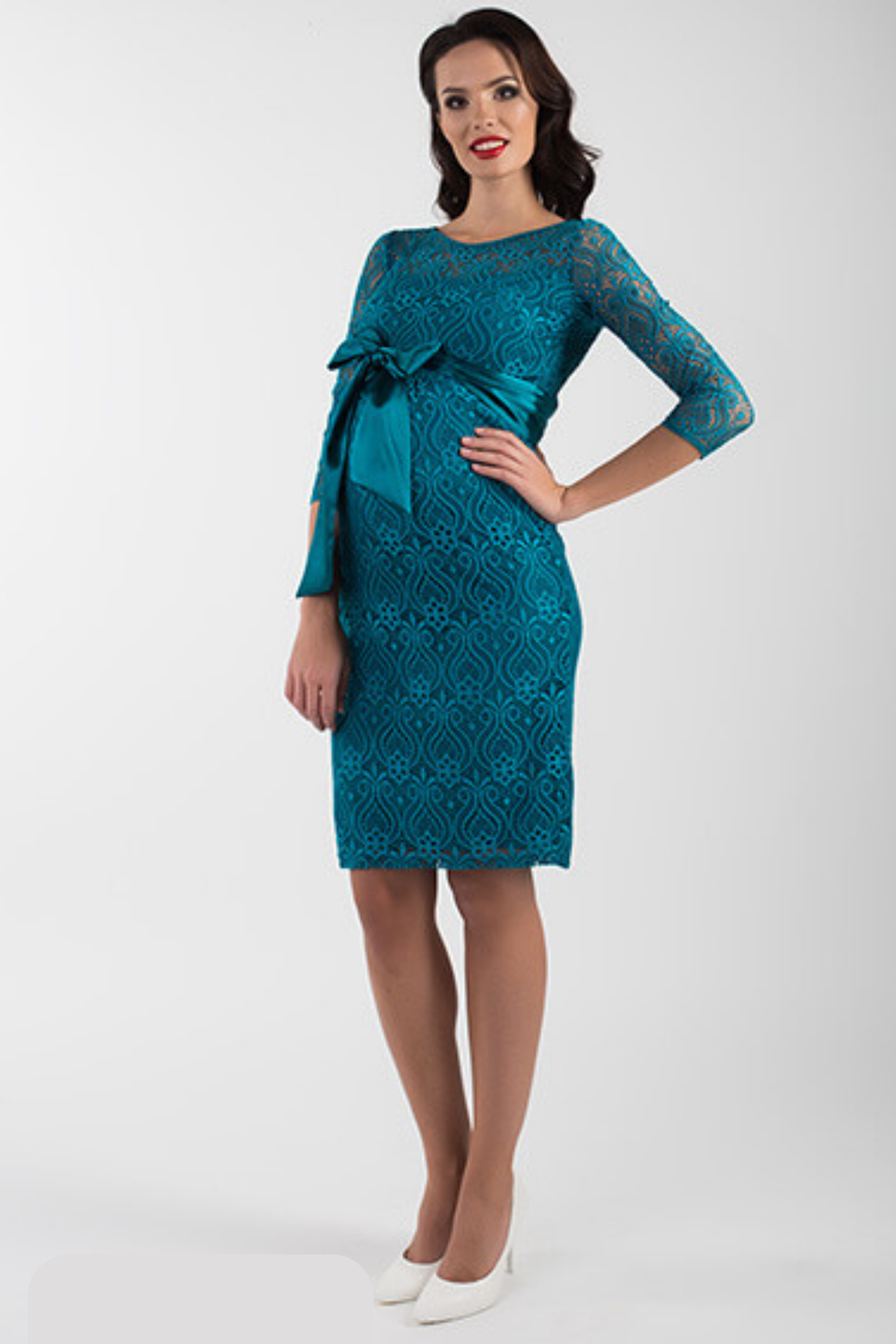 Платье для беременных бирюзовое кружевное с поясом, размеры 44,48