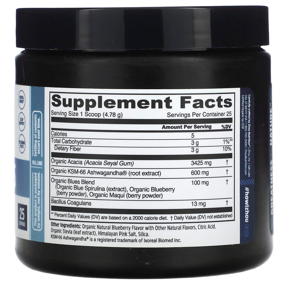 Zhou Nutrition, Organic Daily Blues, со вкусом голубики, 119,5 г (4,22 унции)