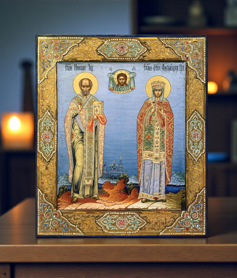 Николай Чудотворец и Царица Александра. Деревянная икона на левкасе