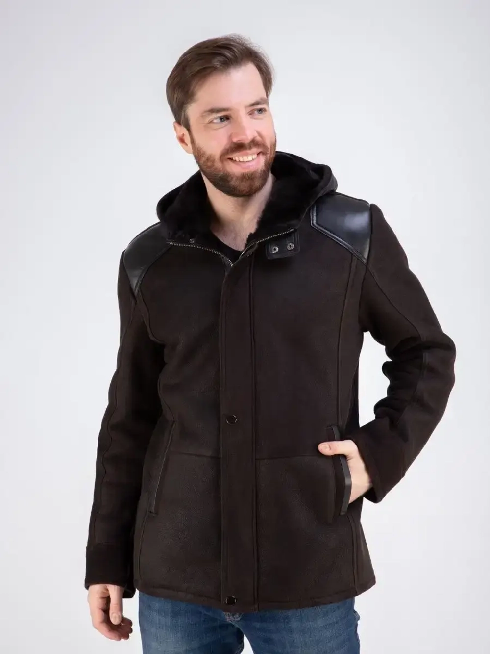 Дубленка мужская натуральная зимняя с капюшоном Турция