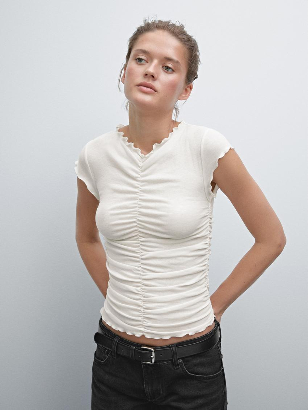 Massimo Dutti Футболка из хлопка со сборкой, натуральный, кремовый