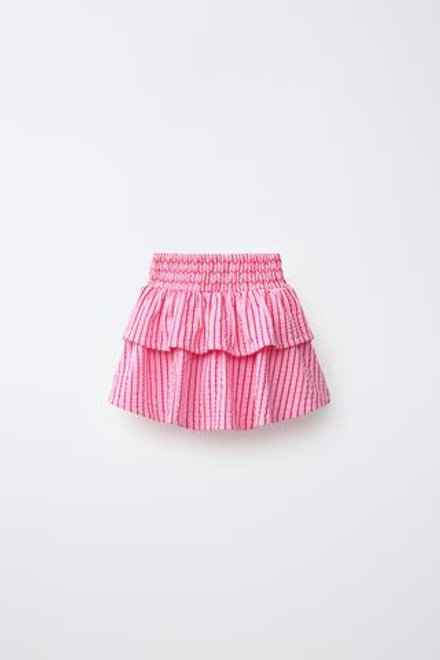 ZARA ЮБКА В ПОЛОСКУ С ВОЛАНАМИ, РОЗОВЫЙ