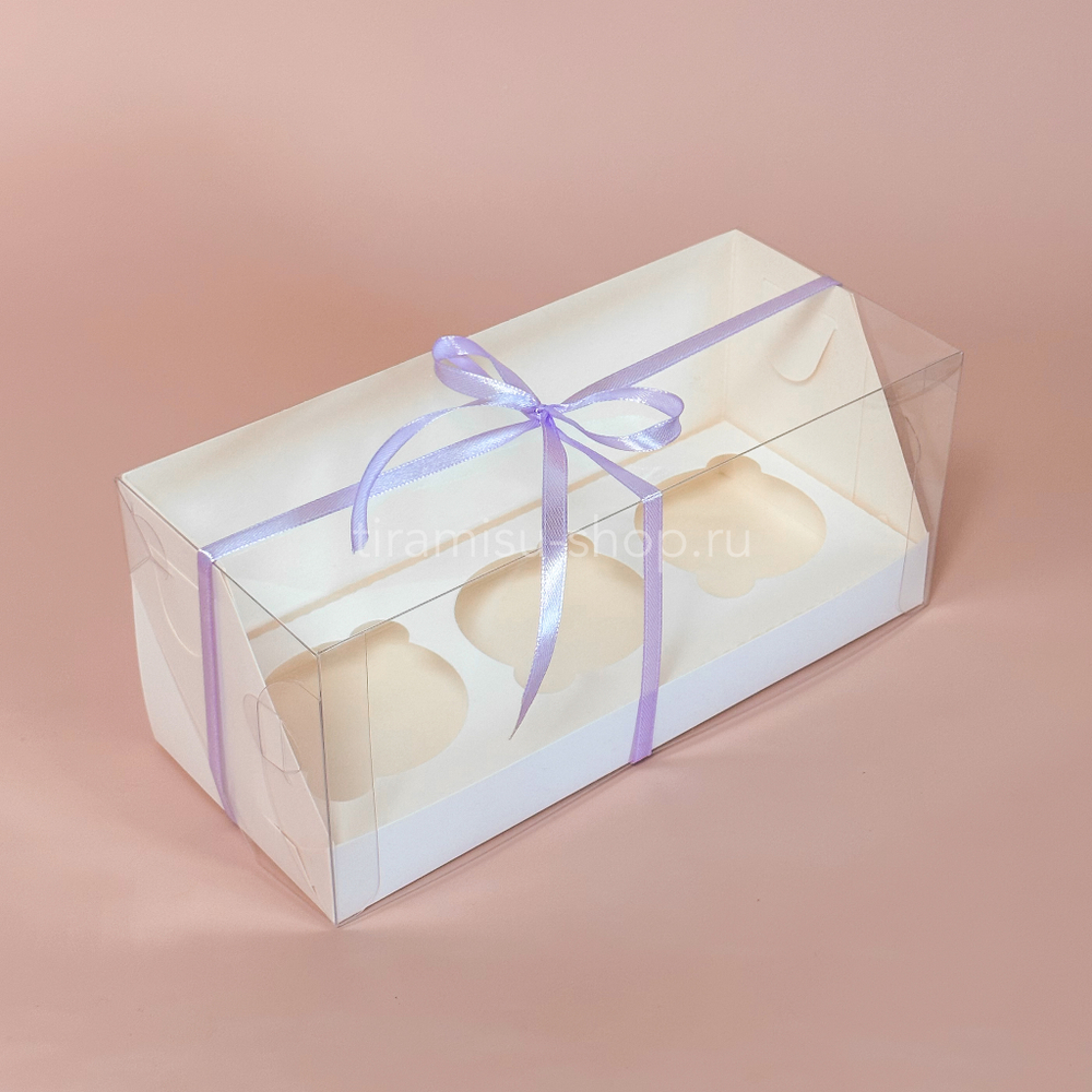 Коробка на 3 капкейка с пластиковой крышкой 24 х 10 х 10 см, белая