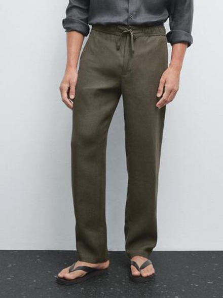 Massimo Dutti Брюки-джоггеры из 100% льна, темно-зеленый