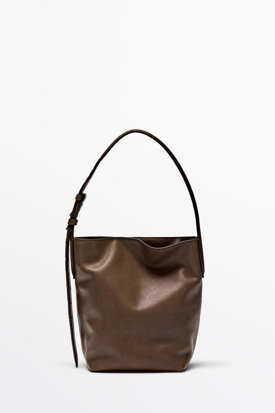 Massimo Dutti Мини-сумка-ведро из кожи наппа, натуральный