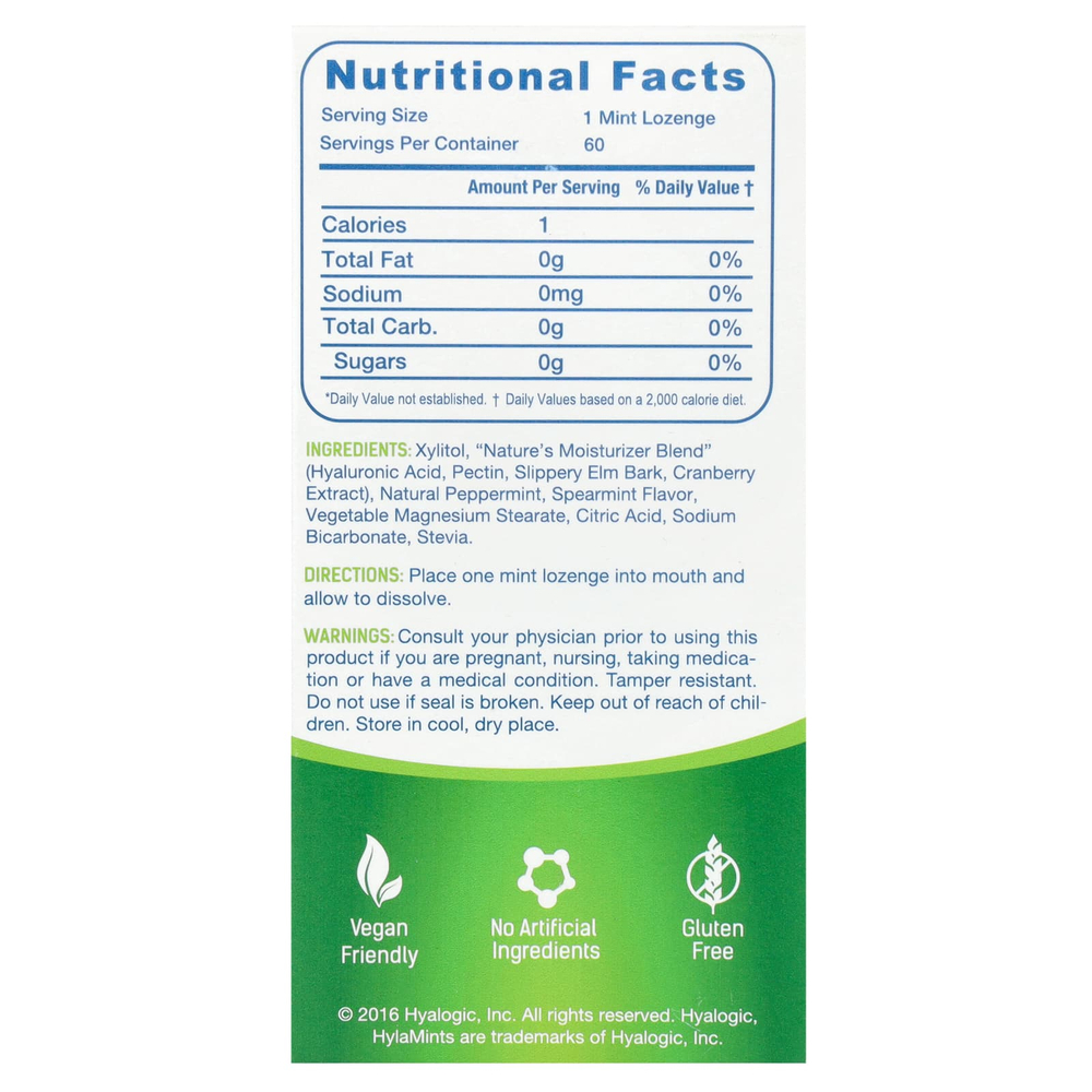 Hyalogic, HylaMints, гиалуроновая кислота, ксилитол, красный вяз и клюква, мята, 60 пастилок