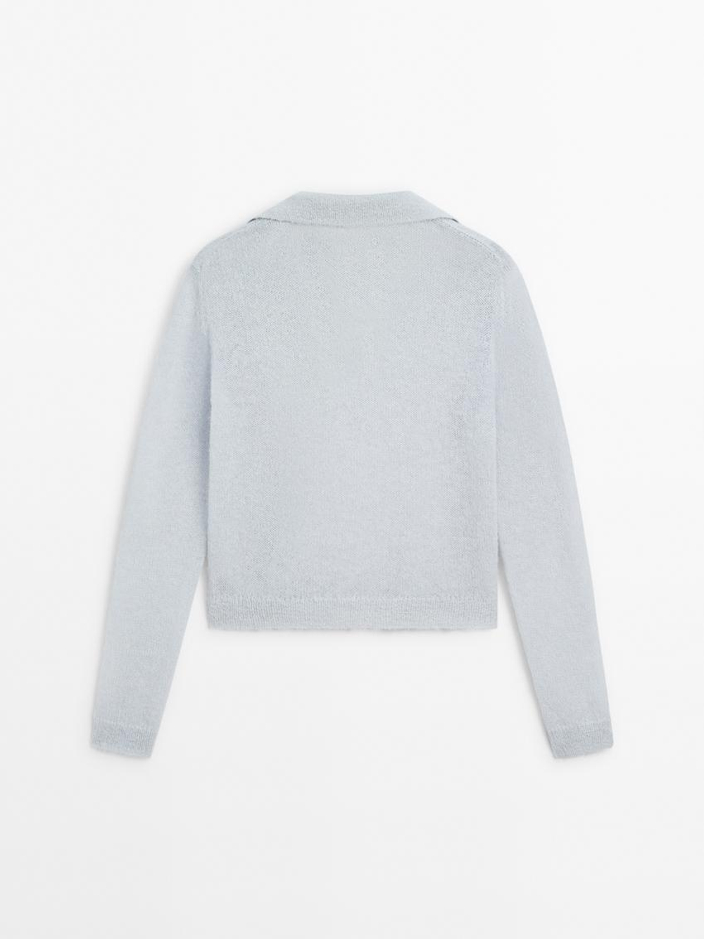 Massimo Dutti Трикотажный свитер из смесовой альпаки с воротником поло, небесно-голубой