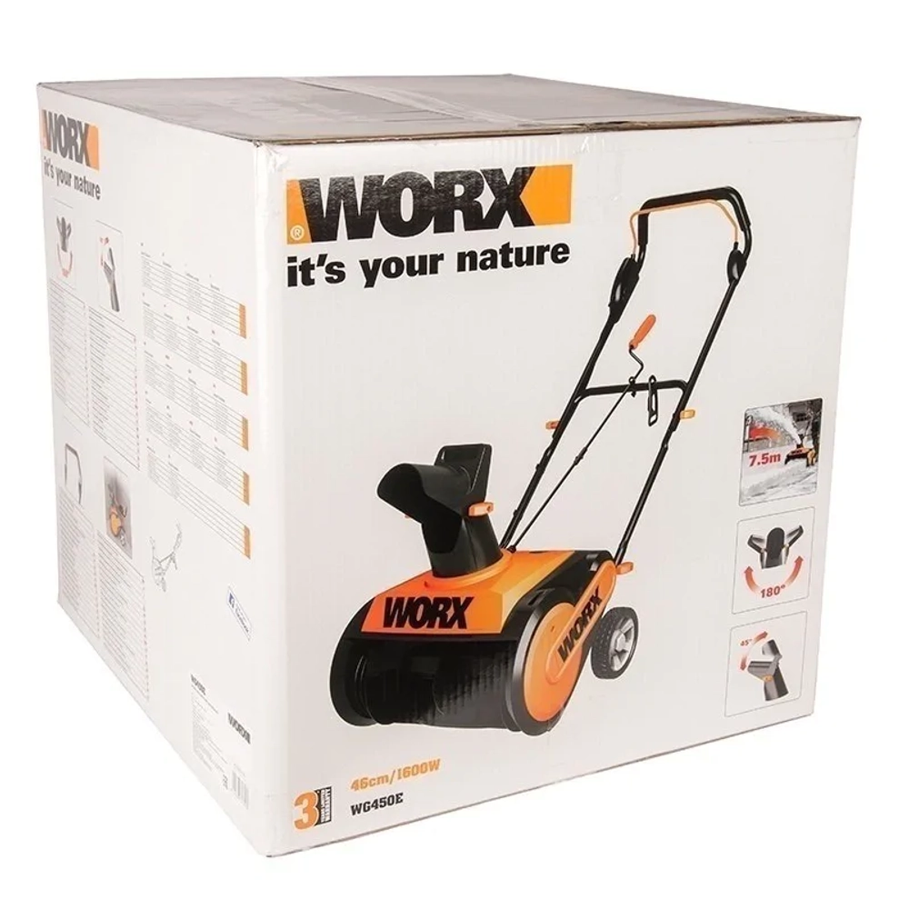 WORX WG450E снегоуборщик электрический 1600Вт, ковш 46 см, выброс 7.5 м