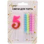 Свеча для торта Цифра Праздник «5» 11 см, 4 свечи