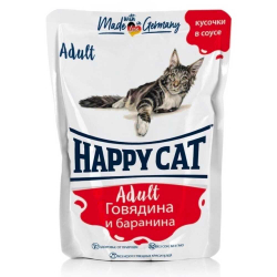 Happy Cat консервы для кошек с говядиной и бараниной в соусе 100 г (пакетик) (Россия)