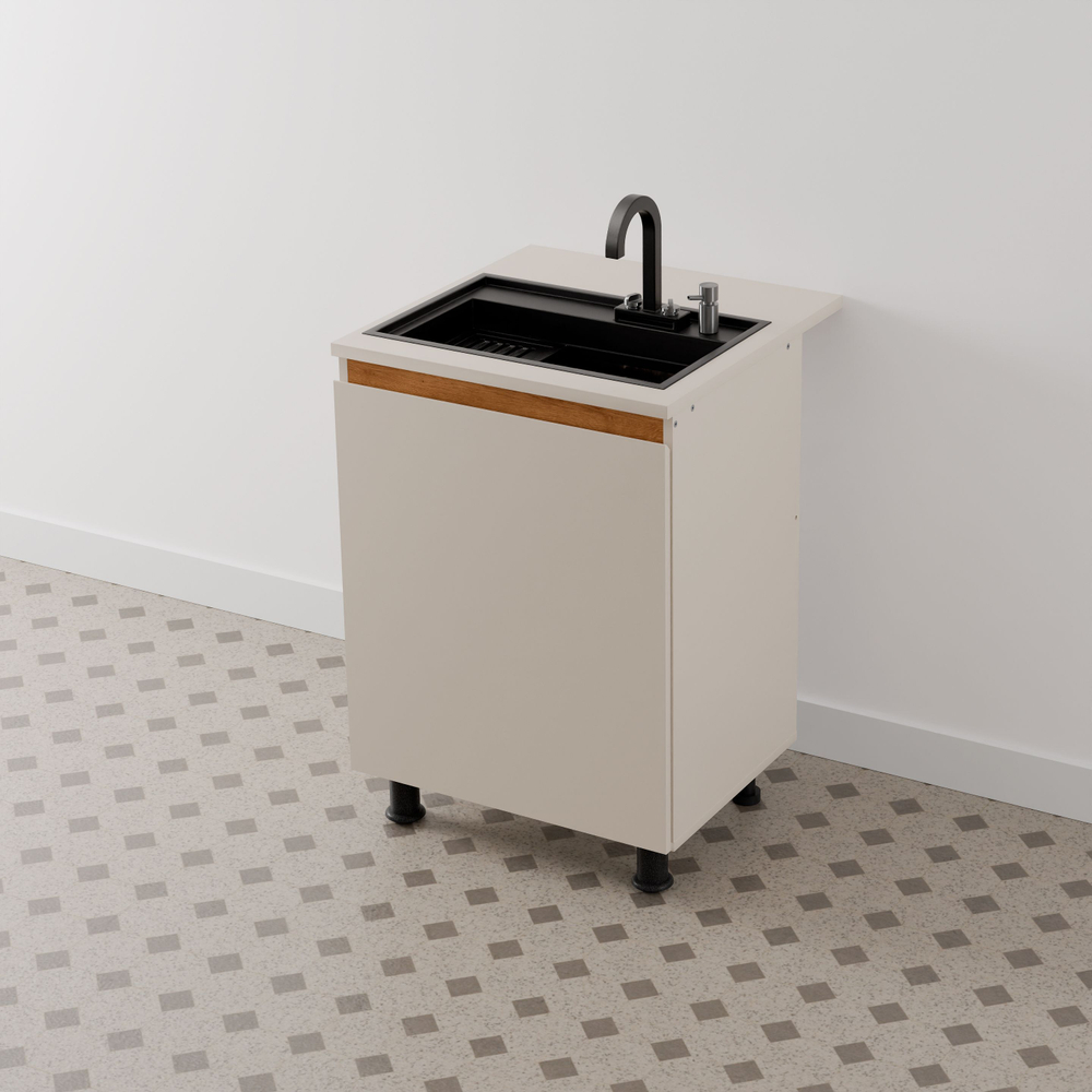 Кухонный модуль напольный под мойку 60 см Виго со столешницей, с дубовой панелью / тумба под раковину на ножках / персидский жемчуг, массив дуба