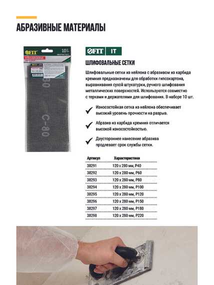 Сетки шлифовальные 120x280 мм, нейлоновая основа, 10 шт, Р150 FIT 38296