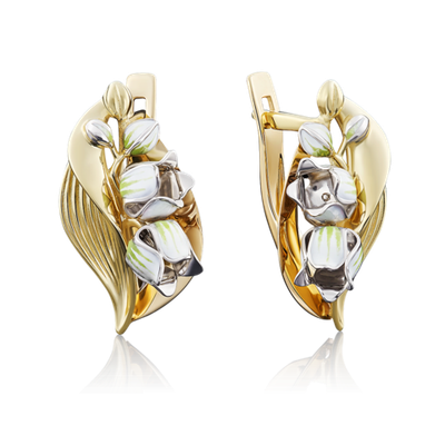 Серьги «Ландыши» с английским замком из комбинированного золота с эмалью