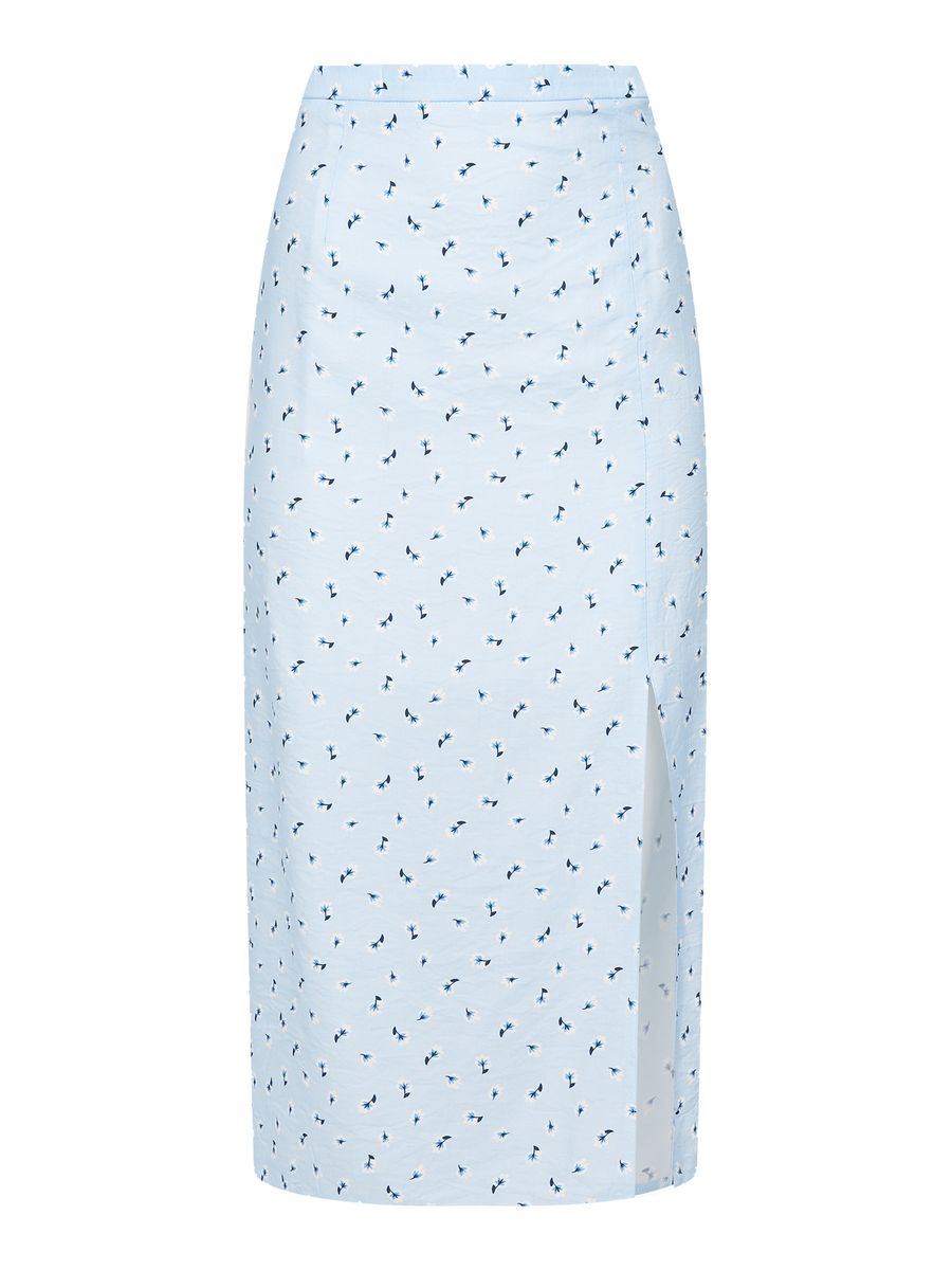 Юбка из вискозы голубая в цветок миди с разрезом