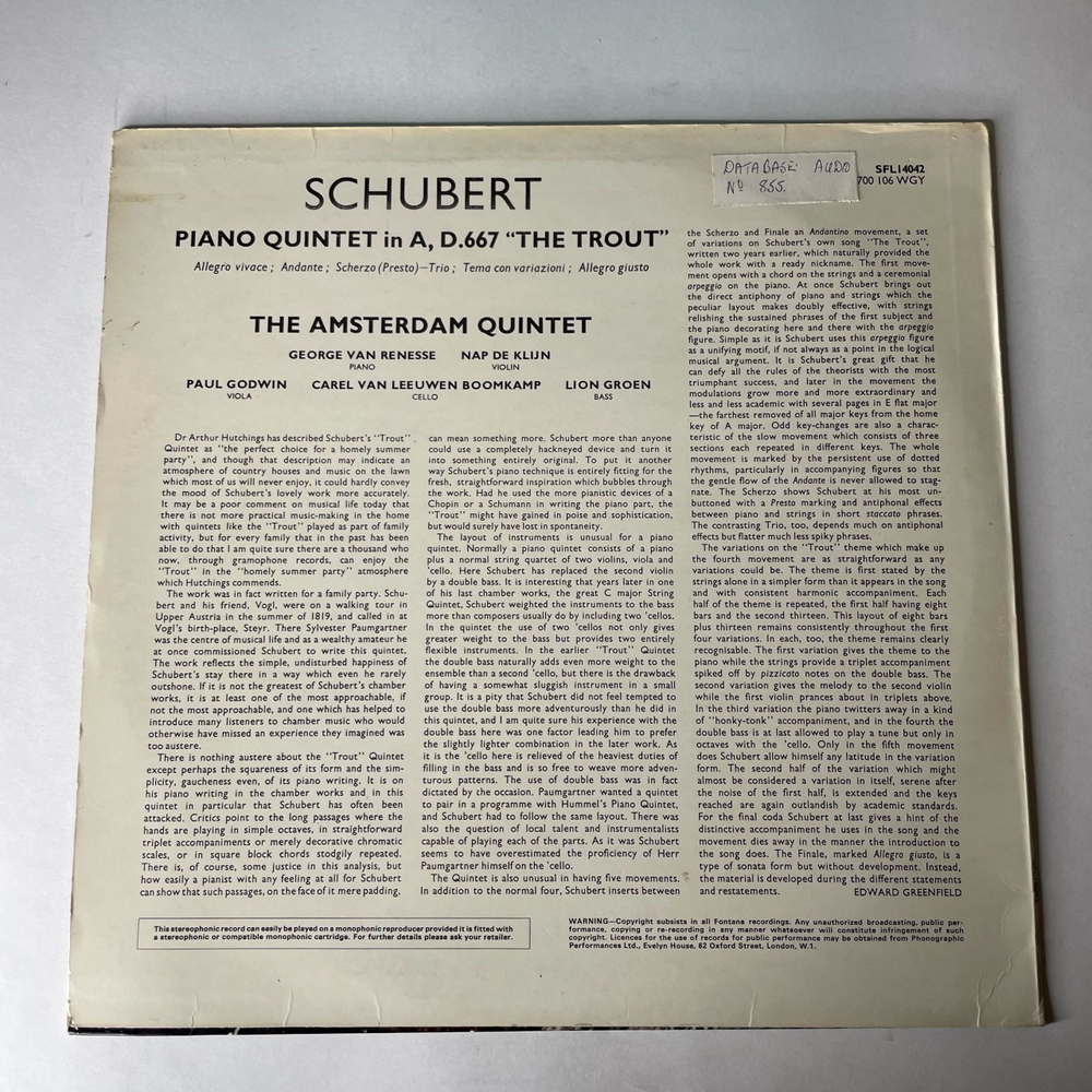 Винтажная виниловая пластинка LP Schubert Шуберт, The Amsterdam Quintet, Piano Quintet In A, D.667 The Trout (Англия 1969)