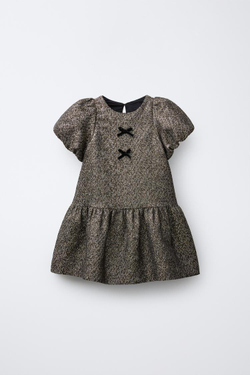 ZARA БАРХАТНОЕ ПЛАТЬЕ С БЛЕСТКАМИ И БАНТАМИ, ЗОЛОТИСТЫЙ