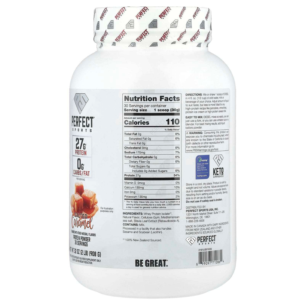 PERFECT Sports, Diet, новозеландский сывороточный изолят, со вкусом соленой карамелью, 908 г (2 фунта)