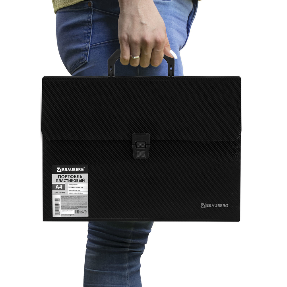 Папка-портфель пластиковая BRAUBERG А4 (332х245х35 мм) 13 отделений фактура диагональ черная (3 штуки в упаковке)