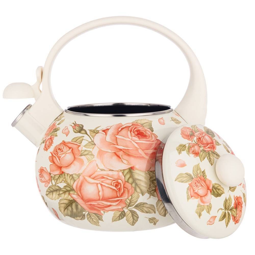 ЧАЙНИК AGNESS ЭМАЛИРОВАННЫЙ СО СВИСТКОМ, СЕРИЯ "КОРЕЙСКАЯ РОЗА" 2,2Л, ИНДУКЦИОННОЕ ДНО