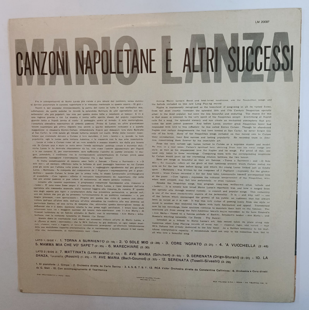 Mario Lanza Canzoni Napoletane E Altri Successi (Italy 1971)