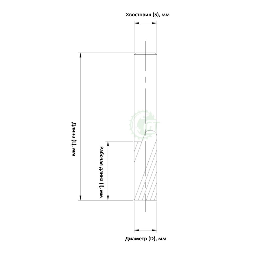 Изображение чертежа однозаходной чистовой фрезы GT с выбросом стружки вверх