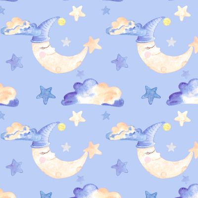 Спящий полумесяц со звездами и облаками на голубом фоне