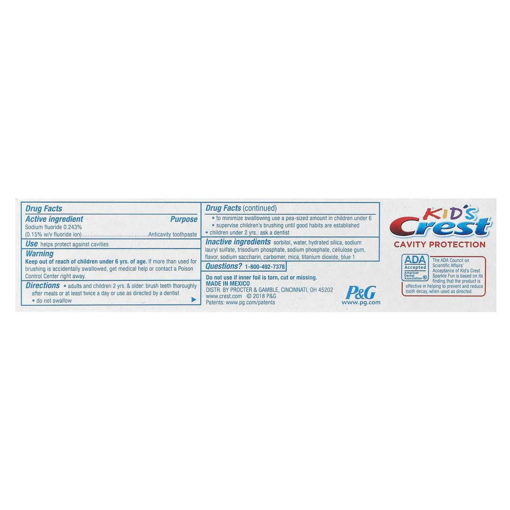 Crest, Kids, защита кариеса, фторсодержащая зубная паста от кариеса, Sparkle Fun, 62 г (2,2 унции)