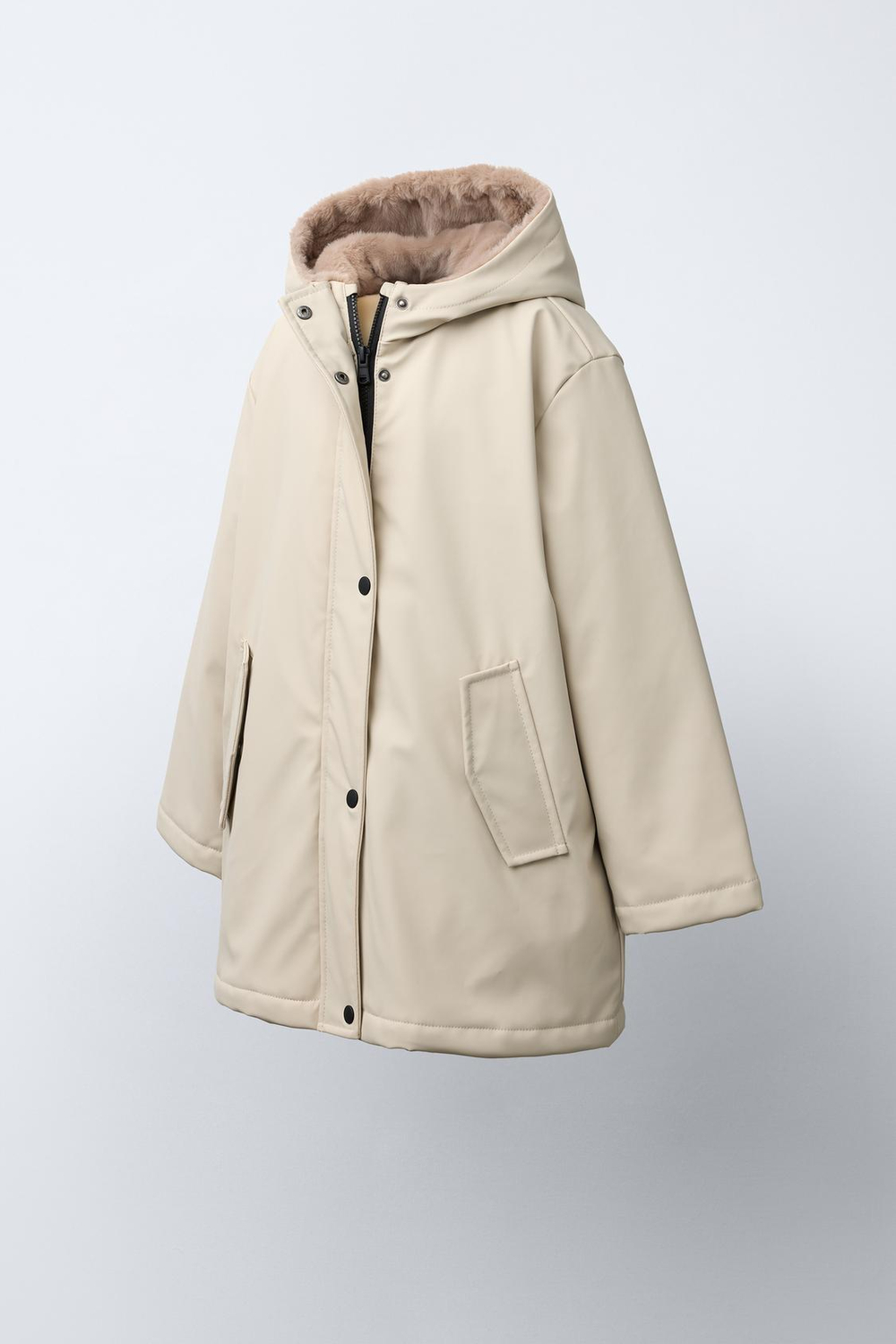 ZARA ПРОРЕЗИНЕННАЯ КУРТКА WATER REPELLENT С ЭФФЕКТОМ МЕХА, ПЕСОЧНЫЙ