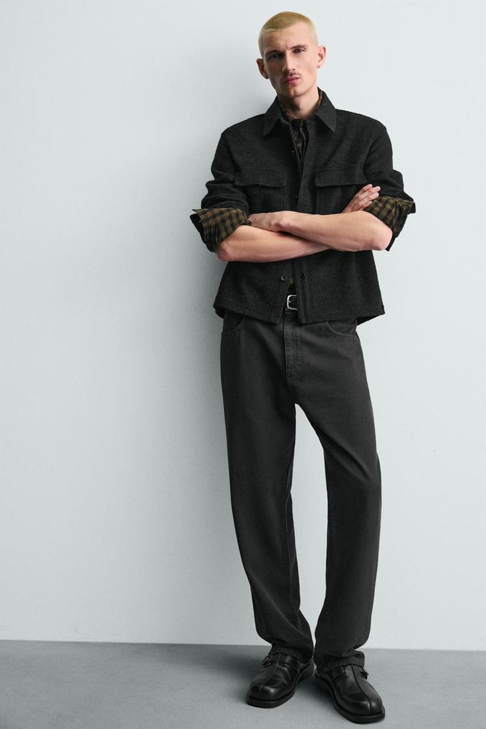 ZARA КУРТКА-РУБАШКА ИЗ РЕЛЬЕФНОЙ ТКАНИ С ШЕРСТЬЮ, ЧЕРНЫЙ