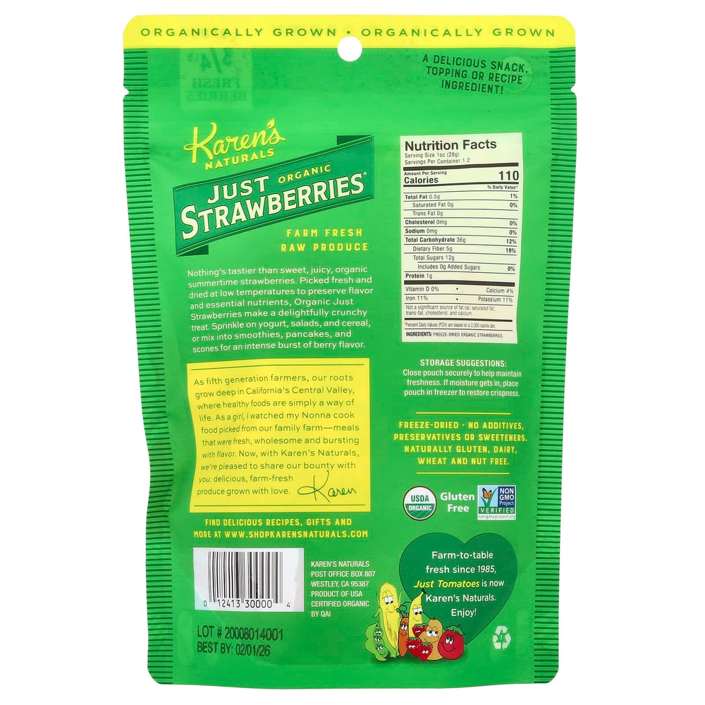 Karen's Naturals, Органическая высушенная клубника, 1.2 унций (34 г)