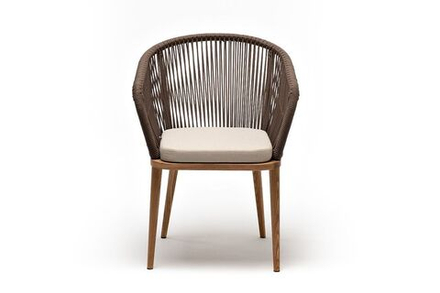 "Марсель" стул плетеный из роупа, основание дуб, роуп коричневый круглый, ткань бежевая 052