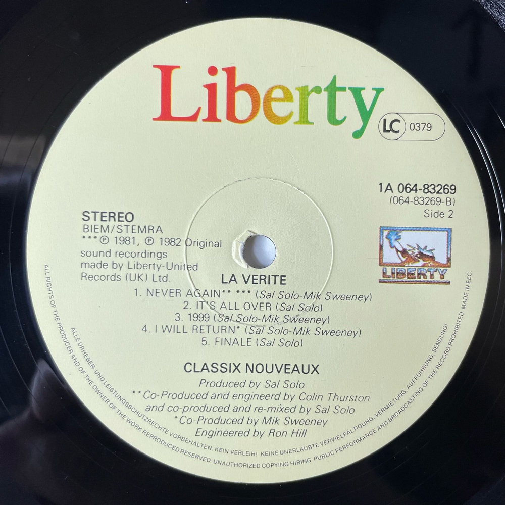 Винтажная виниловая пластинка LP Classix Nouveaux La Verite (Holland 1982)