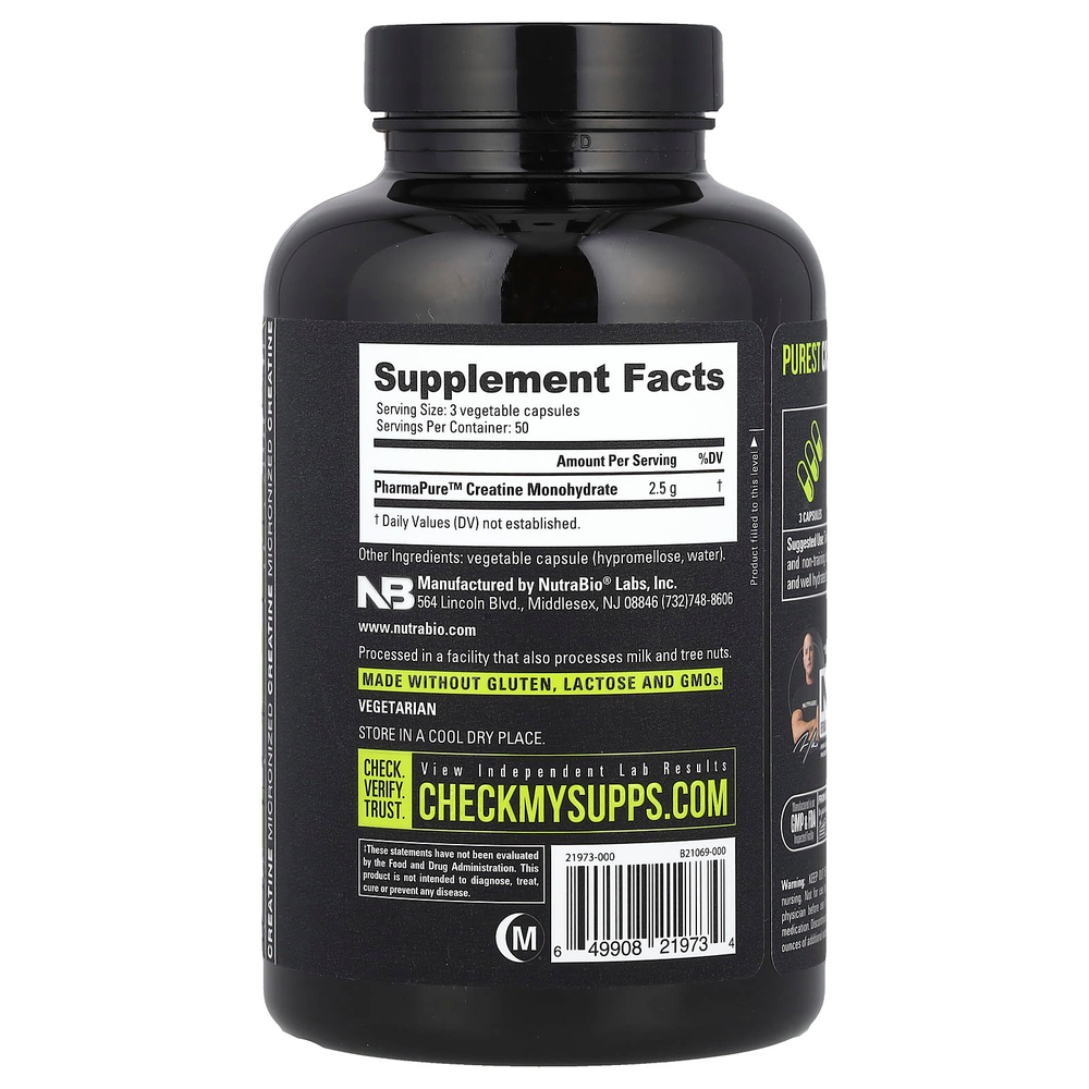 NutraBio, производительность, микронизированный моногидрат креатина, 150 капсул (833 мг в 1 капсуле)