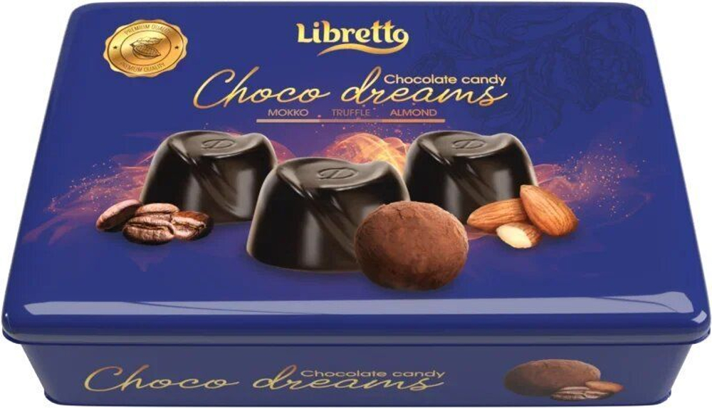 Набор конфет Либретто в темном шоколаде с начинками: мокко, трюфельный крем, миндальный крем / Libretto Assorted Dark Chocolate metal box 200г