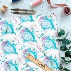 Ткань саржа мыльные дельфины на белом фоне