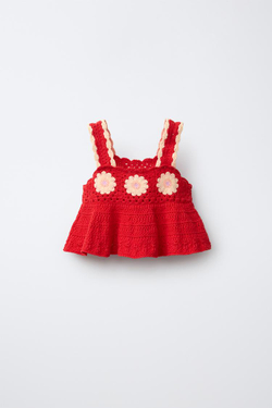 ZARA ТОП ИЗ ВЯЗАНОГО КРЮЧКОМ ПОЛОТНА С ЦВЕТАМИ, КРАСНЫЙ