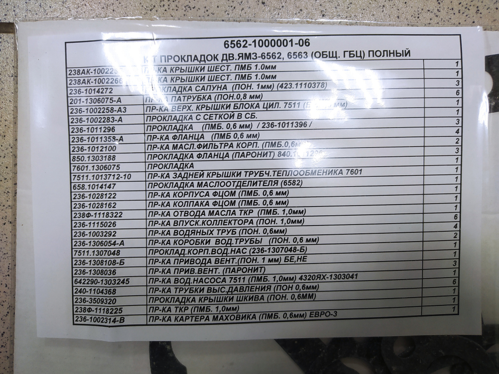 К-т прокладок дв.ЯМЗ-6562, 6563 (общ. ГБЦ) полный 6562-1000001-06