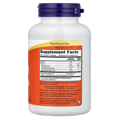 NOW Foods, льняное масло, 100 капсул (1000 мг в 1 капсуле)