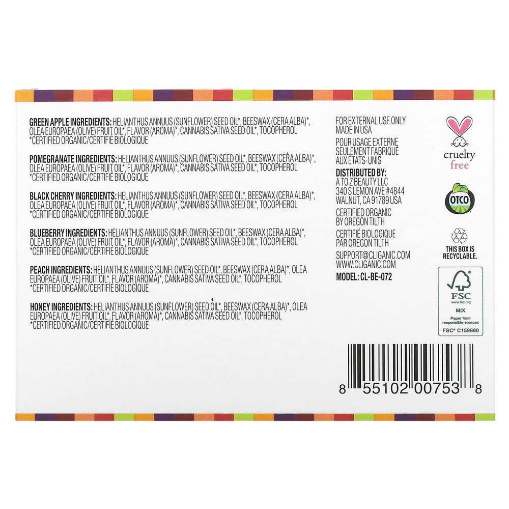 Cliganic, Набор органических бальзамов для губ, 6 упаковок, 4,25 г (0,15 унции)