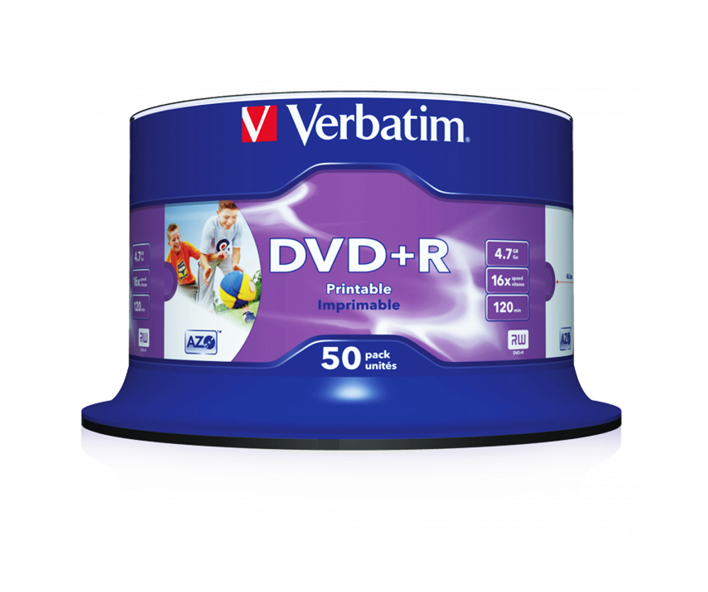 Оптический диск Verbatim DVD+R 4.7GB 16X AZO Wide Inkjet Printable No ID Brand, Spindle, 50 шт