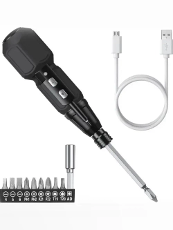 Отвертка аккумуляторная электрическая. Электроотвертка многофункциональная с набором бит. Мини - отвертка с USB и подсветкой. Черный