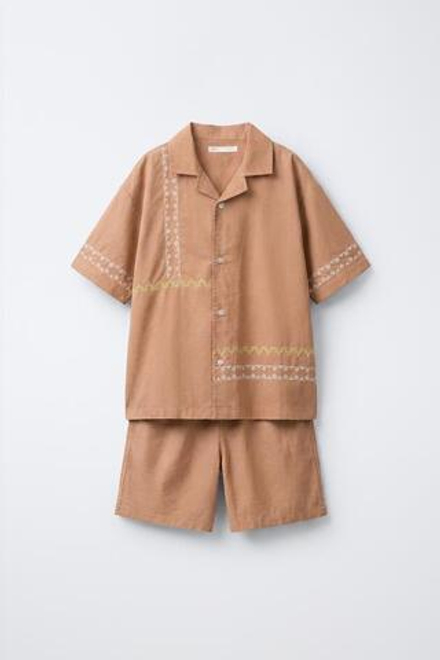 ZARA ПИЖАМА-РУБАШКА С ВЫШИВКОЙ, КОРИЧНЕВЫЙ