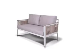 "Сан Ремо" диван 2-местный плетеный из роупа, каркас алюминий белый, роуп бежевый, ткань бежевая