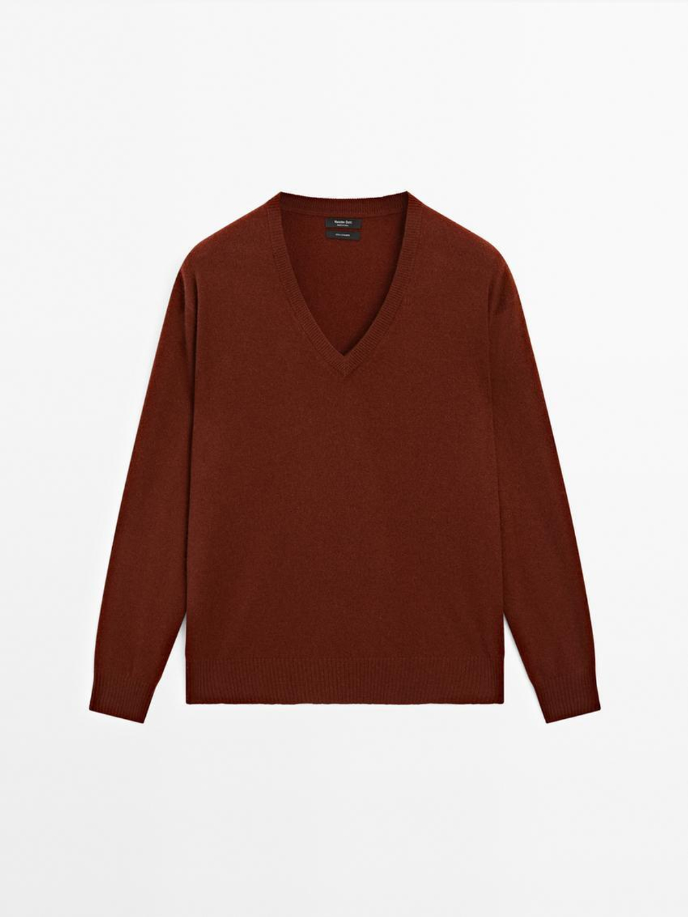 Massimo Dutti Свитер из 100% кашемира с V-образным вырезом, гранатовый